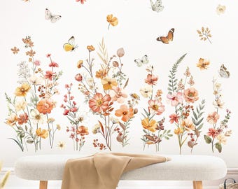 Boho Flower Wall Decals Garden Floral Butterflies Wildflower Wall Stickers Girls Bedroom Living Room Baby Nursery Wall Decor