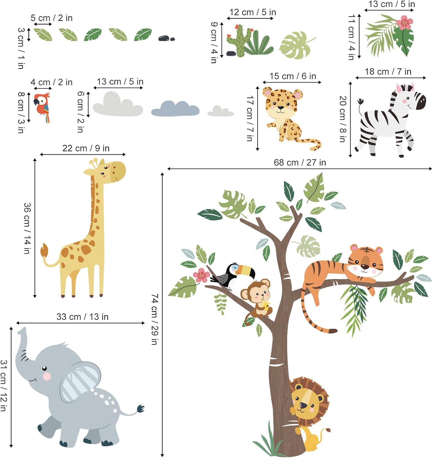 Jungle Animals Tree Wall Decals Elephant Giraffe Lion Safari Wall ...