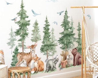 Mountain Tree Wall Stickers Large Pine Tree Forest Animal Bear Fox Peel and Stick Wall Art Decals for Kids Room Baby Nursery Bedroom