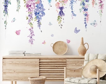 6 Pcs Flowers Wall Decals Stickers Vinyl Removable Peel and Stick Colorful Dragonflies Floral Wall Murals Decor for Bedroom Living Room