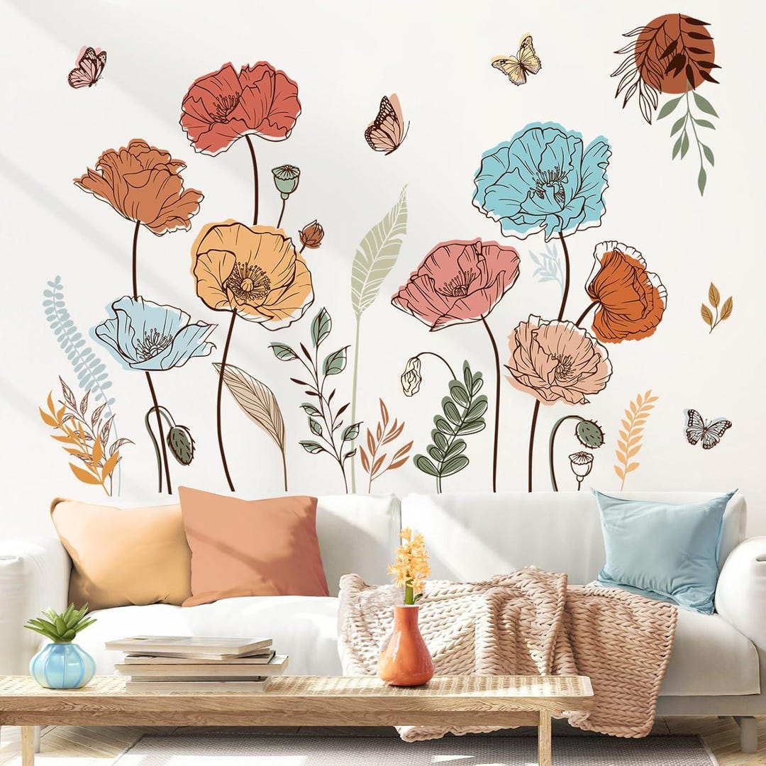 Large Boho Flower Wall Decals Butterfly Boho Floral Plants Wall ...