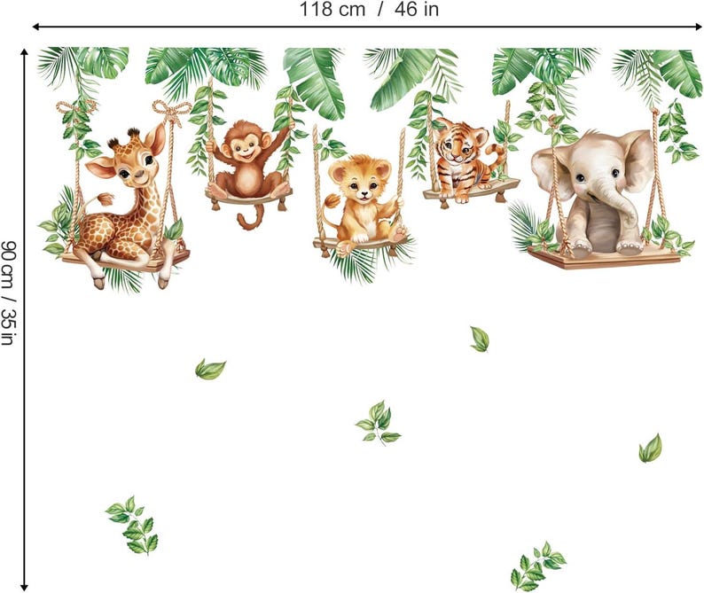 Jungle Animal on Swings Wall Stickers Baby Lion Elephant Giraffe ...