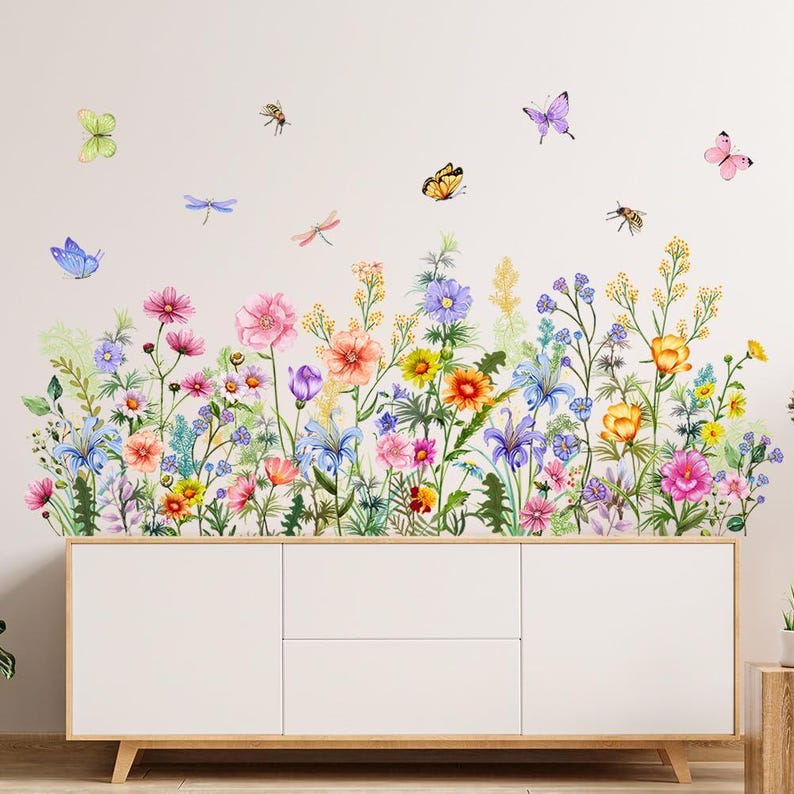 Array Decal Colorful Floral Wall Decals Wildflowers Flower Wall Stickers Butterfly ...