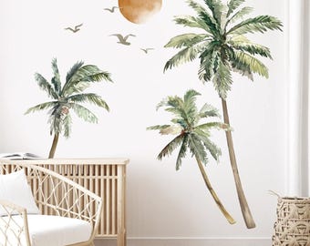 Boho Palm Tree Wall Stickers Large Tropical Tree Sunset Peel and Stick Wall Art Decals for Living Room Bedroom