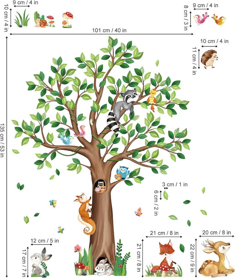 Woodland Animals Large Tree Wall Stickers Bear Fox Deer Wall Decals ...