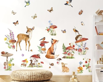 Woodland Animal Wall Stickers Mushroom Deer Fox Peel and Stick Wall Decals for Kids Bedroom Baby Nursery