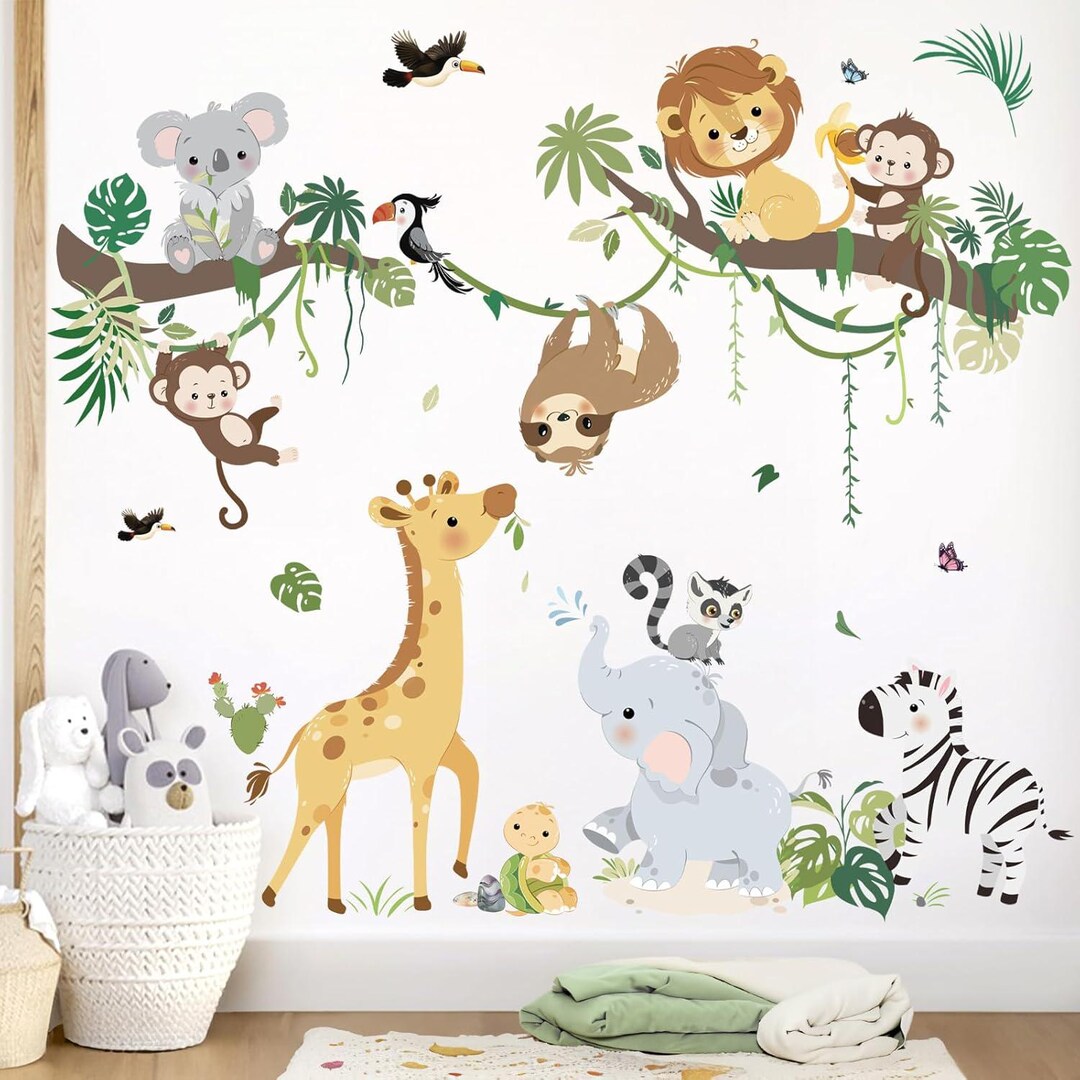 Jungle Animals Tree Branch Wall Decals Safari Monkey Giraffe Lion Wall ...