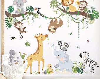 Jungle Animals Tree Branch Wall Decals Safari Monkey Giraffe Lion Wall Stickers Baby Nursery Kids Room Daycare Wall Decor