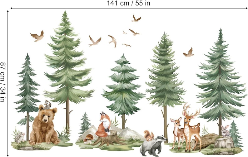 Mountain Tree Wall Stickers Large Pine Tree Forest Animals Bear Deer ...