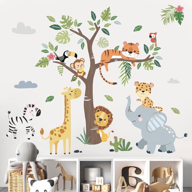 Jungle Animals Tree Wall Decals Elephant Giraffe Lion Safari Wall ...