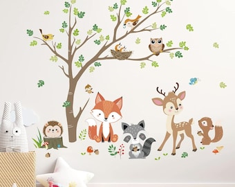Woodland Animals Tree Wall Stickers Fox Deer Owl Wall Decals Baby Nursery Kids Bedroom Living Room Wall Decor