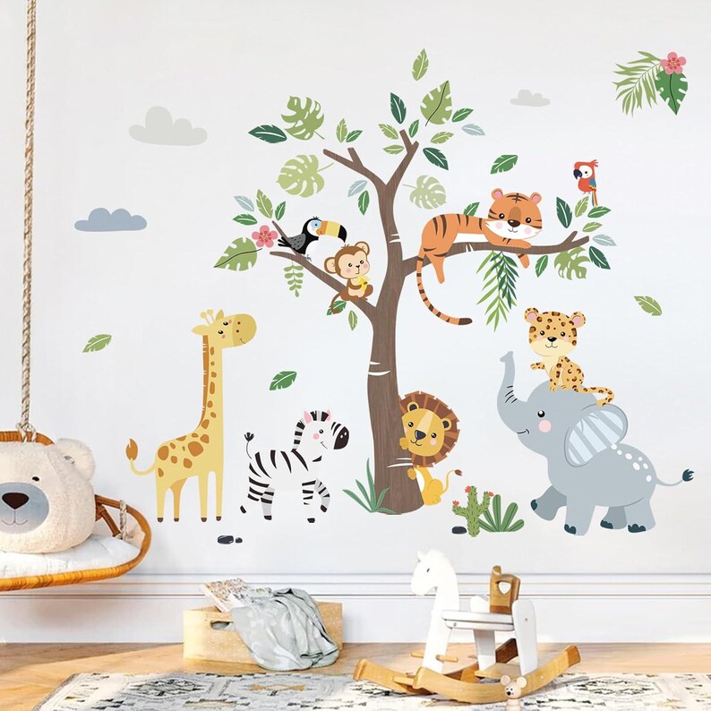 Jungle Animals Tree Wall Decals Elephant Giraffe Lion Safari Wall ...