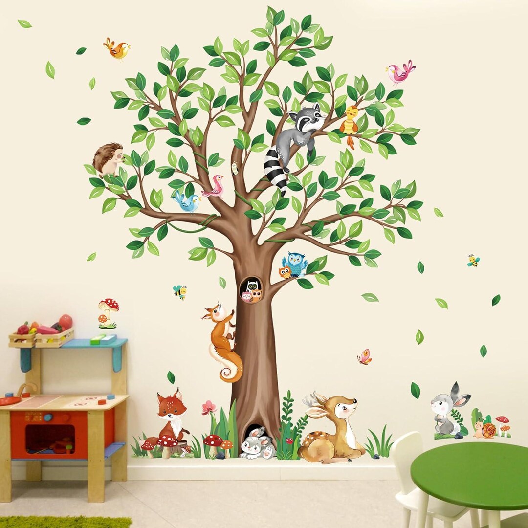 Woodland Animals Large Tree Wall Stickers Bear Fox Deer Wall Decals ...