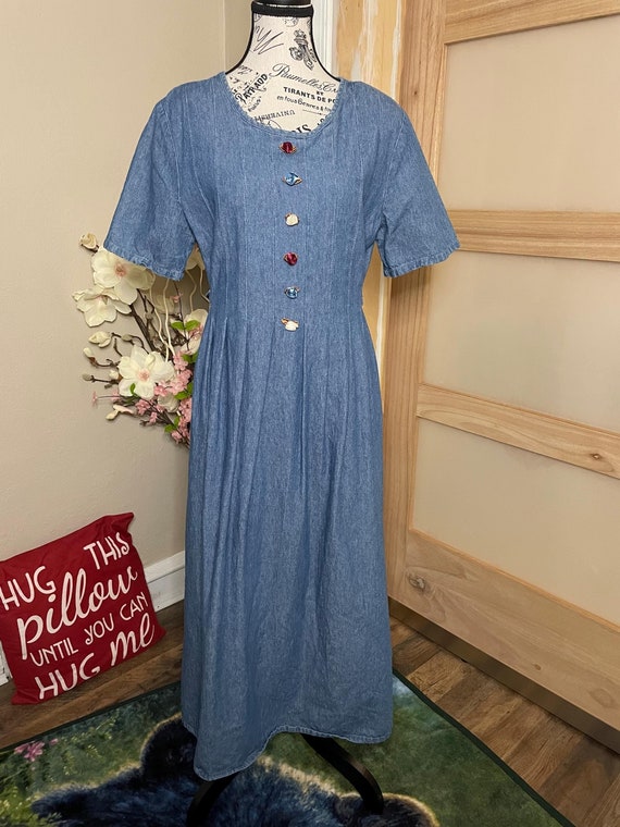 Alexandra Lee Vintage Dress Denim Retro Style Maxi Dress Vintage Jean Dress Vtg Rosette Embellished 80s Style Pleated Dress Barn Dress Etsy UK