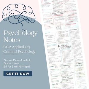 May include: A blue and pink graphic with a brain shape and the text "Psychology Notes" in white. The text "OCR Applied (P3) Criminal Psychology" is below the title. The text "Online Download of Documents £5 for 5 mind maps! GET IT NOW" is below the title.