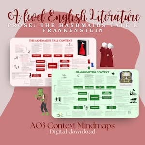 Peut inclure: Deux cartes mentales vertes et blanches avec du texte et des illustrations. Les cartes mentales sont intitulées "The Handmaid's Tale Context" et "Frankenstein Context". Le texte "AO3 Context Mindmaps Digital download" est en bas de l'image.