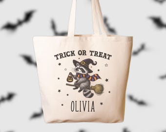 Halloween Raccoon Canvas Tote Bag, Custom Name Trick or Treat Bag, Personalized Halloween Gift for Girls, Spooky Kids Tote, Cute Witch Decor