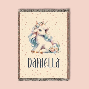 Personalized Unicorn Woven Blanket, Custom Name Blanket, Customized Baby Shower Gift, Animal Throw, Birthday Gift Toddler, Kid Bedroom Decor