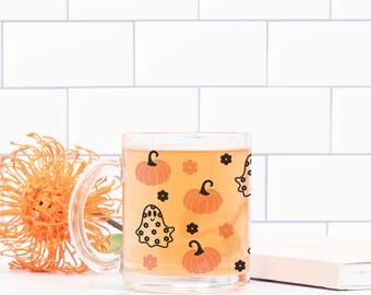 Pink Retro Ghost Pumpkin Halloween Glass Mug, Cute Floral Halloween Cup, Autumn Gift for Her, Fall Spooky Mugs, Ice Coffee Matcha Lover Gift