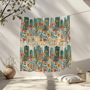 City Girl Personalized Blanket, Custom Name Blanket, Customized Floral Gift, Flower Skyscraper Throw, Gift for Friend Teen, City Dorm Decor