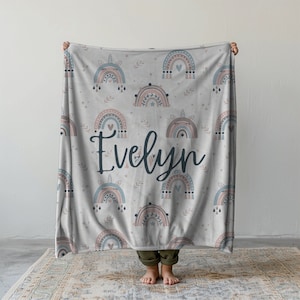 Boho Unicorn Personalized Blanket, Custom Name Blanket, Colorful Unicorn Stars Throw, Gift for Baby Shower, Soft Kids Plush Bedding Decor