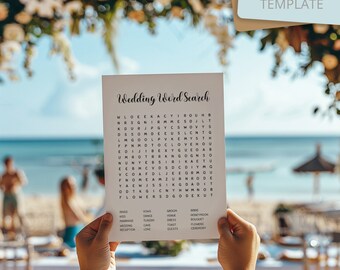Peut inclure: Une carte blanche avec un mot croisé de mariage. Le puzzle comprend des mots comme "anneaux", "vœux", "marié", "mariée", "lune de miel", "bouquet", "fleurs" et "cérémonie".
