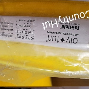 May include: A roll of yellow 100% polypropylene craft material, labeled "Oly *fun" Multi-Purpose Craft Material" with instructions for care and cleaning. The roll is 60 inches (152 cm) long and 10 yards (914 cm) wide.