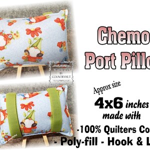 May include: A blue and white pillow with a gnome pattern and green straps. The pillow is 4 inches by 6 inches and is made with 100% quilters cotton, poly-fill, and hook and loop.