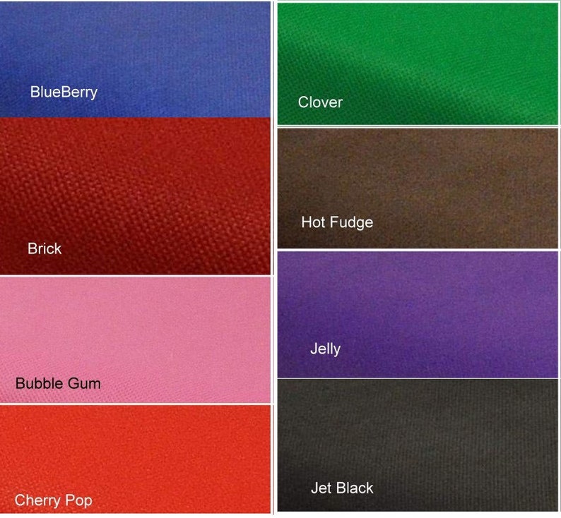 May include: A collection of six fabric swatches in various colors, including blueberry, clover, brick, bubble gum, cherry pop, and jet black. The swatches are arranged in two rows of three.