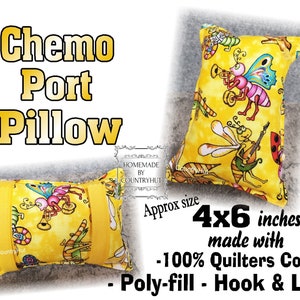 May include: Yellow chemo port pillow, approximately 4x6 inches, featuring a whimsical insect print. The pillow has a hook and loop closure and is made with 100% quilters cotton and poly-fill.