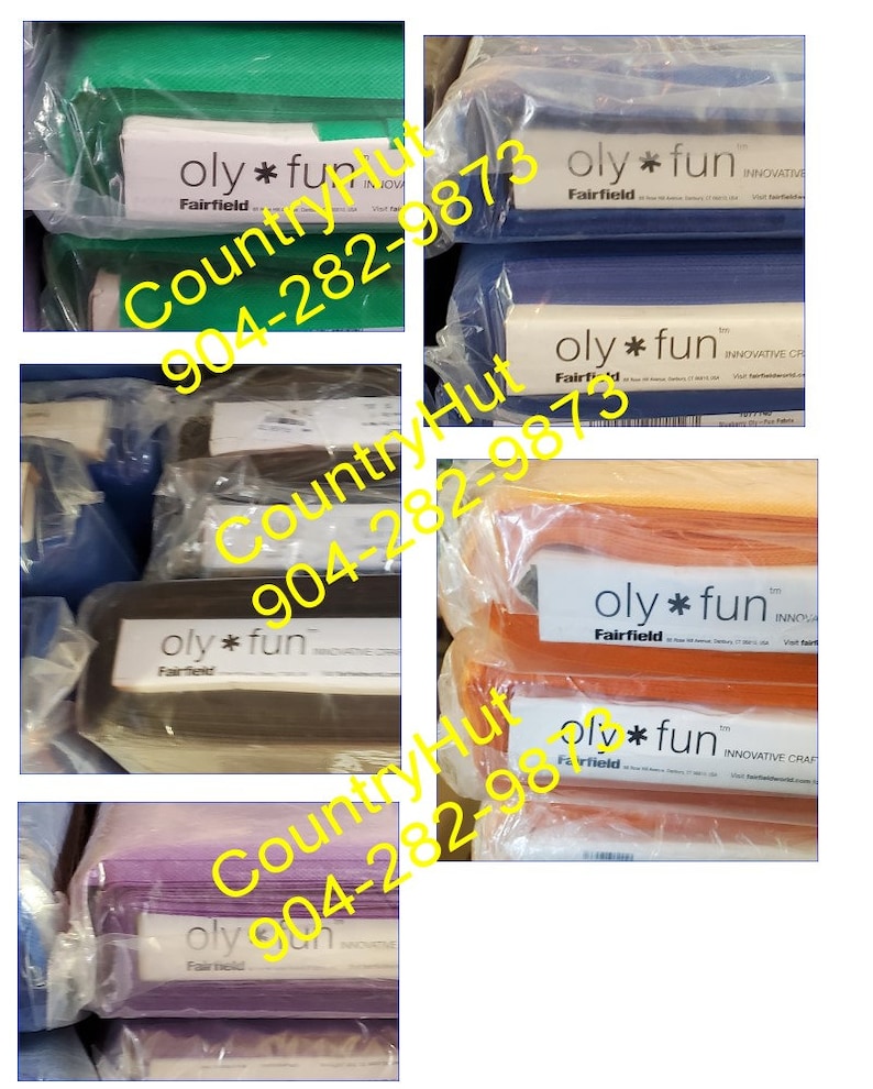 May include: A close-up of several packages of fabric in various colors, including green, blue, orange, brown, and purple. Each package has a label that reads "oly * fun" and "Fairfield". The phone number "904-282-9873" is printed on the label.