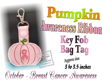 Key Fob - Pink Pumpkin BREAST CANCER AWARENESS Ribbon - key fob ring snap tab key chain - embroidered - purse backpack zipper pull luggage