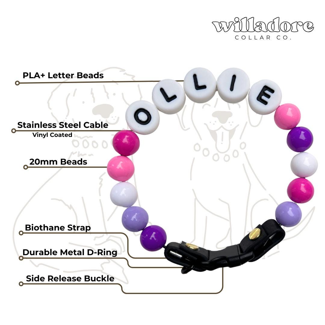 Personalized Beaded Dog Collar with Buckle or O-Ring - Berry (Pink, and Purple Variety) Willadore Collar Co.