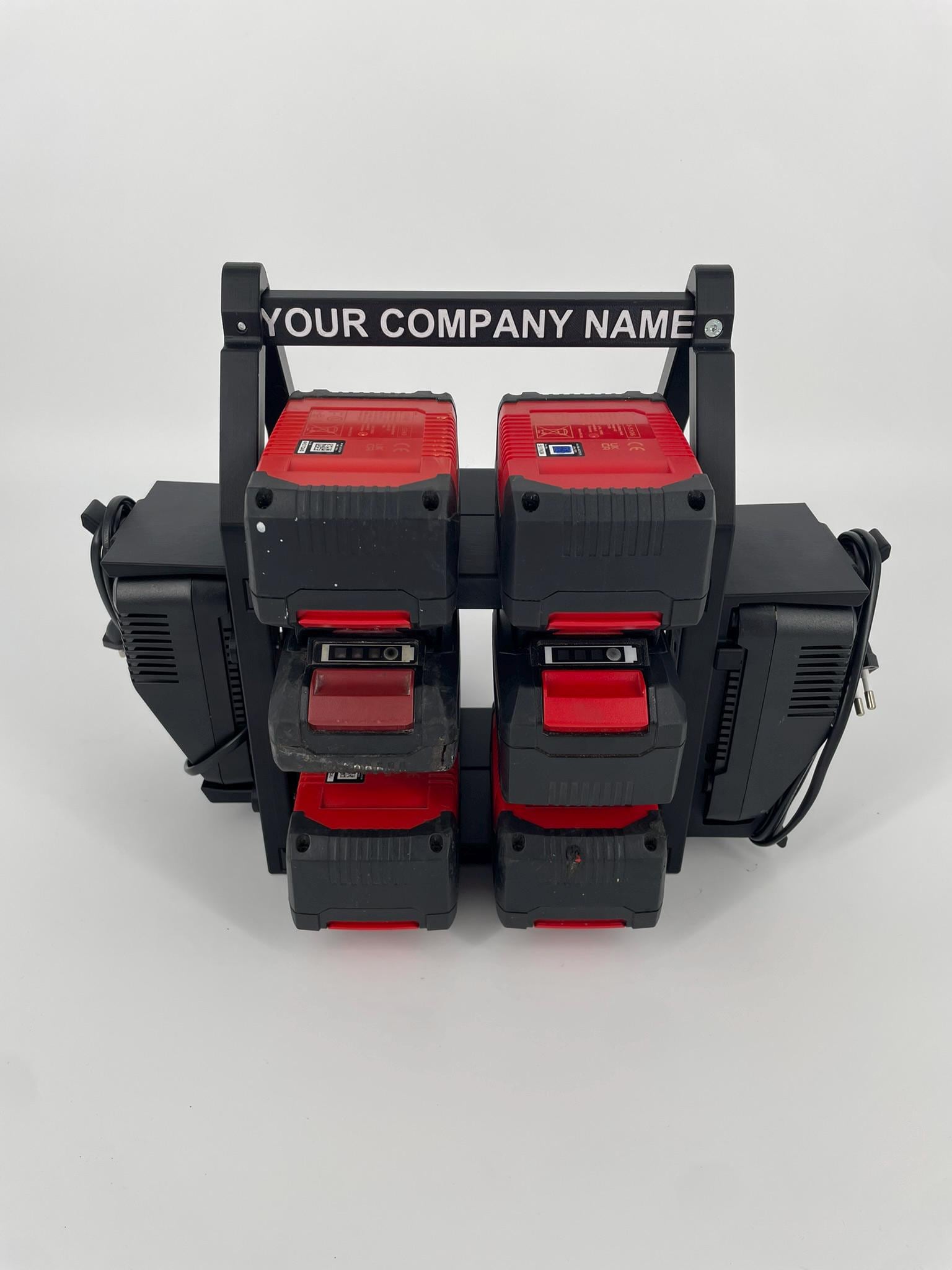 Structure de support de batterie et de chargeur Einhell personnalisée, peut contenir jusqu'à 12 batteries simultanément et 2 chargeurs Power X-Charger
