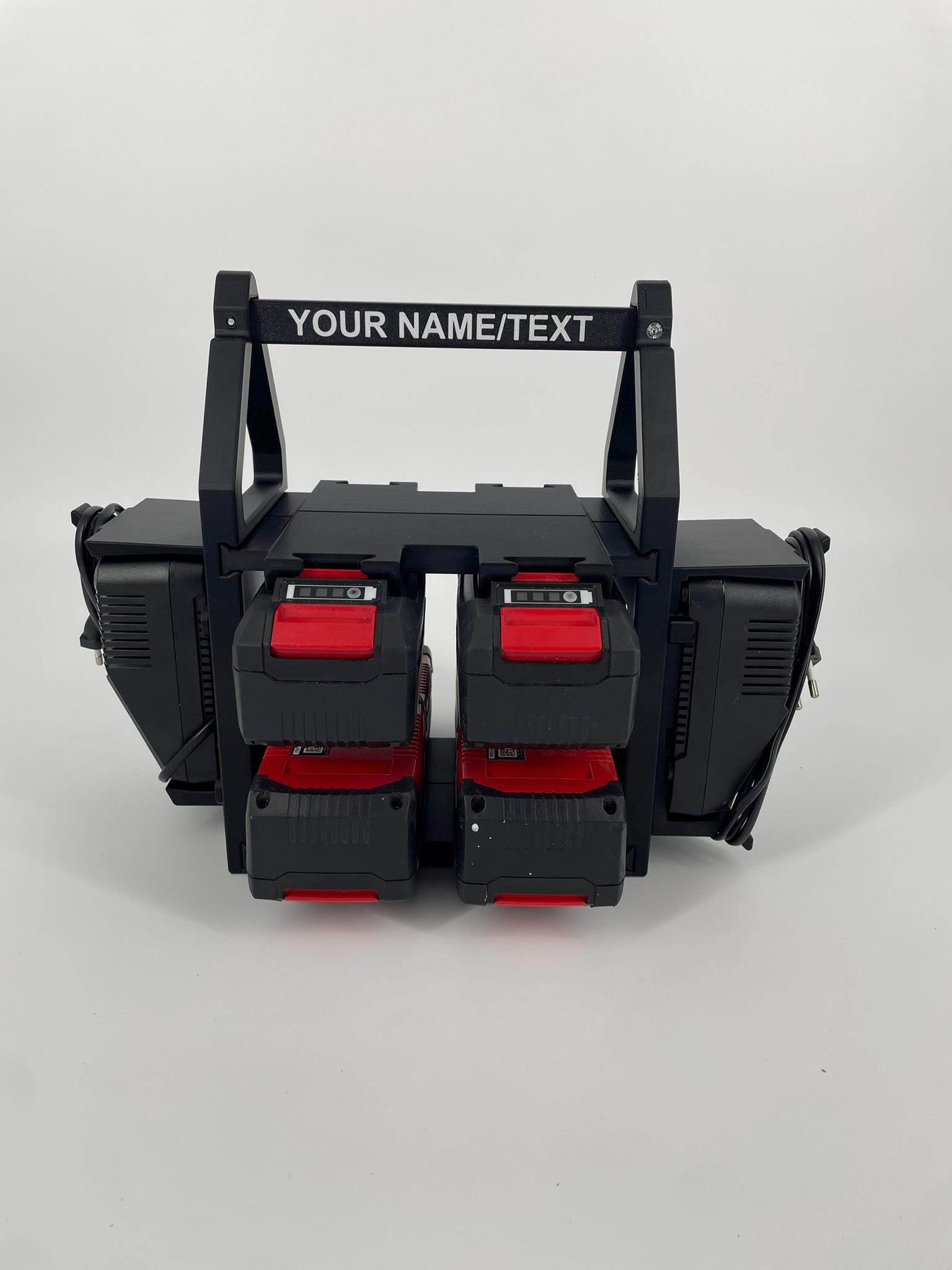Structure de support de batterie et de chargeur Einhell personnalisée, peut contenir jusqu'à 8 batteries simultanément et 2 chargeurs Power X-Charger