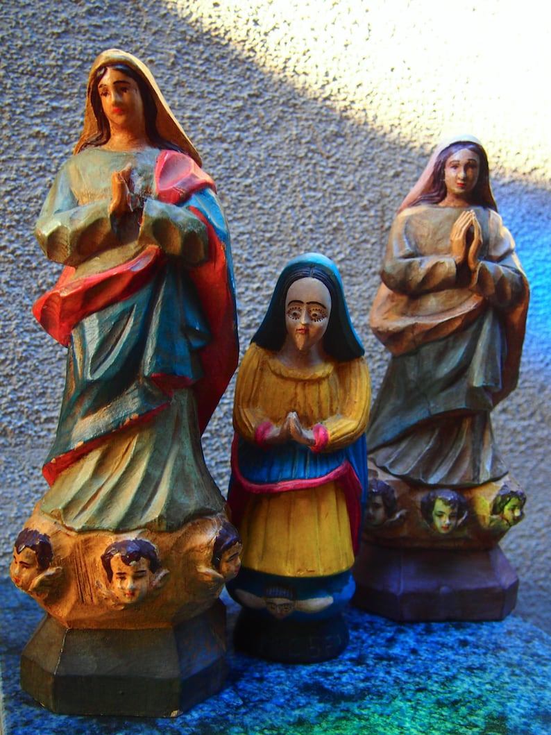 3 Religious Statues of Virgin Mary Wood Carved by Folk Brazilian