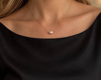 Dainty Single Pearl Necklace, Fine Gold Tone Chain, Minimalist Jewellery