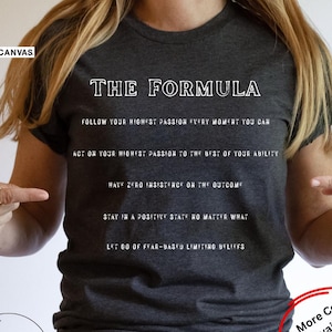 May include: Dark grey heather t-shirt with the text "THE FORMULA" and inspirational phrases. The shirt also has the text "More Colors Available" and "DARK GREY HEATHER". The brand name "BELLA+CANVAS" is visible.