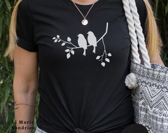 Whimsical birds on a branch, cute boho trendy shirt, good for girlfriend or sister gift, quality cotton Bella Canvas tee, fun retro mom gift