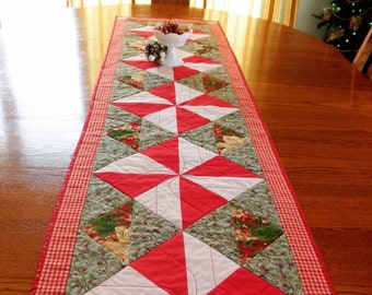 Extra Long Quilted Christmas Holiday Table Runner 16" x 65.5" Pinwheel Pattern Long Table Topper Wall Quilt