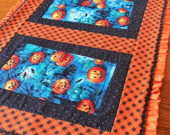 Halloween Table Runner, Vintage-look Orange and Black Halloween Table Topper, All Hallows Eve Ruffled Table Runner