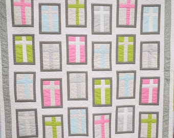 Cross Wall Quilt, Easter Christian Quilt, Crosses Baby Quilt, Pastel Decorative Quilt for Home or Gift for Baby Christening or Baptism