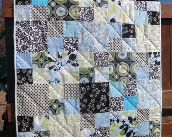 Baby Quilt, Minky Backed  Crib or Lap Quilt , Blue Green Black White 30" x 42" Scrappy Four Patch Modern Nursery Quilt
