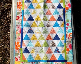 Scrappy Baby Crib Quilt, Bright Modern Triangle Floral Baby Quilt, OOAK Happy, Colorful Wall Quilt