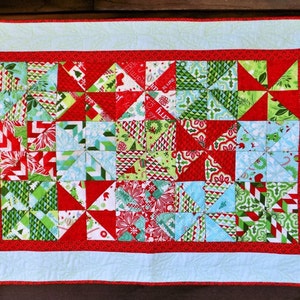 Christmas Kitsch Quilted Table Runner, Scrappy Look Red, Green, and Aqua Pieced Cotton Wall Quilt, Table Topper, Runner