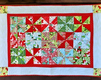 Christmas Kitsch Quilted Table Runner, Scrappy Look Red, Green, and Aqua Pieced Cotton Wall Quilt, Table Topper, Runner