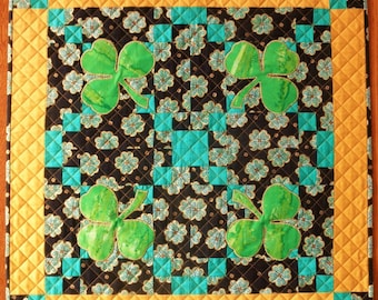 Irish Chain Wall Quilt, Bright Quilted Shamrock St. Patrick's Day Square Table Topper, Irish Pub Man Cave Bar Decor Quilt Wall Hanging