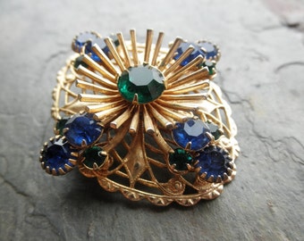 Vintage Blue and Green Rhinestone Pin, Quality Costume Jewelry Brooch, Unsigned Gold Tone Prong-set Rhinestone Pin Brooch 1960s