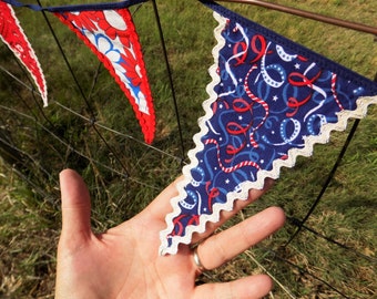 Patriotic Bunting, 12 Twelve Red, White, Blue Cotton Fabric Flags, Pennants, Independence Day Flagging, Bunting Fourth of July Garland