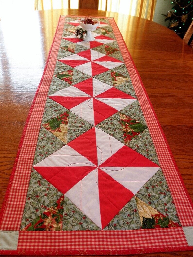 Extra Long Quilted Christmas Holiday Table Runner 16 X 65.5 Pinwheel